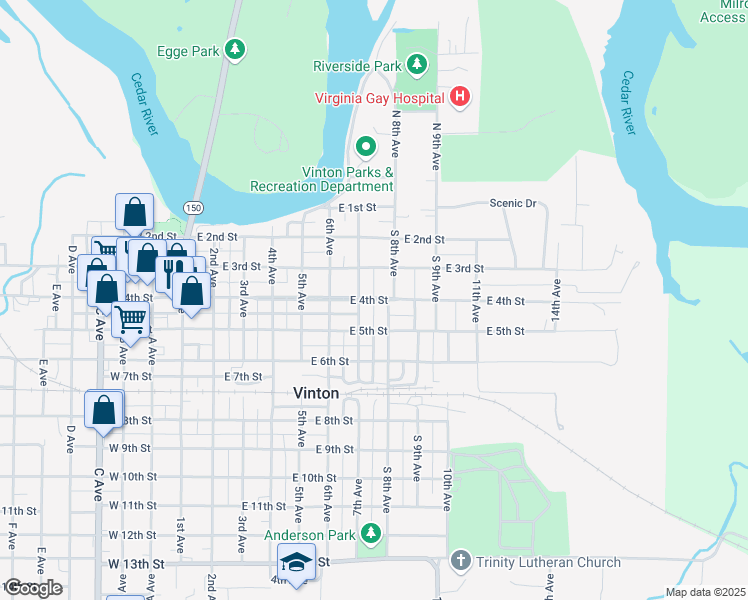 map of restaurants, bars, coffee shops, grocery stores, and more near East 4th Street in Vinton