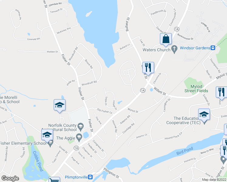 map of restaurants, bars, coffee shops, grocery stores, and more near 23 Village Drive in Walpole