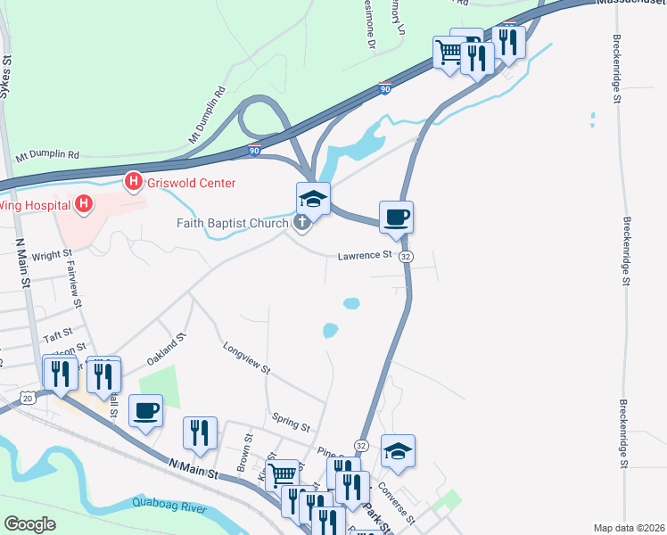 map of restaurants, bars, coffee shops, grocery stores, and more near 40 Lawrence Street in Palmer
