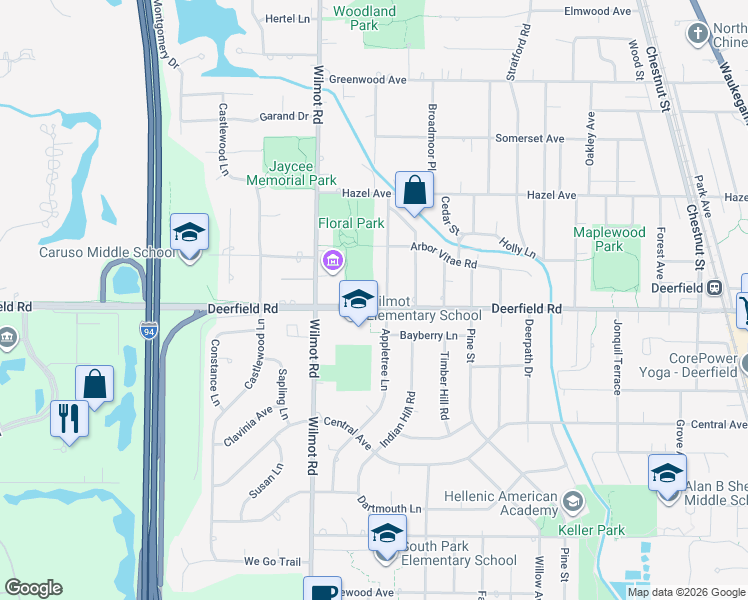 map of restaurants, bars, coffee shops, grocery stores, and more near 817 Appletree Lane in Deerfield