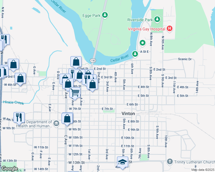 map of restaurants, bars, coffee shops, grocery stores, and more near in Vinton