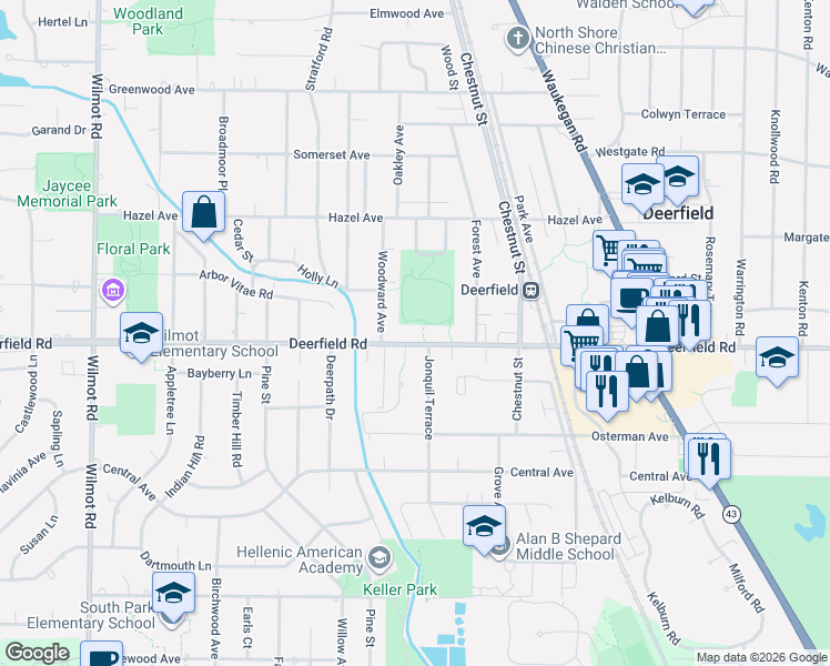 map of restaurants, bars, coffee shops, grocery stores, and more near 1100 Deerfield Road in Deerfield