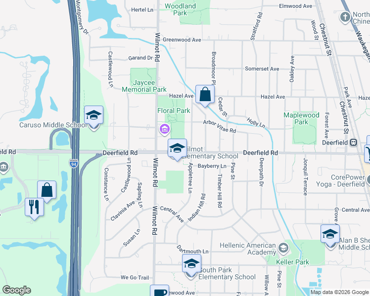 map of restaurants, bars, coffee shops, grocery stores, and more near 817 Appletree Lane in Deerfield