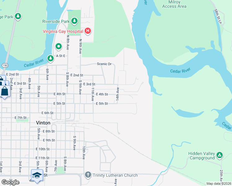 map of restaurants, bars, coffee shops, grocery stores, and more near 347-399 14th Avenue in Vinton