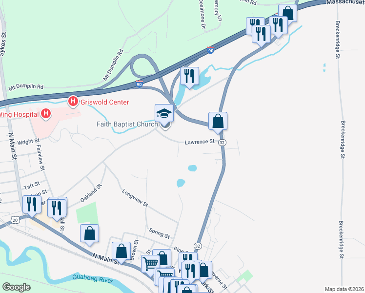 map of restaurants, bars, coffee shops, grocery stores, and more near 40 Lawrence Street in Palmer