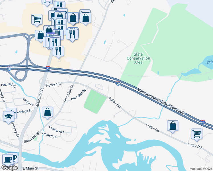 map of restaurants, bars, coffee shops, grocery stores, and more near 52 Virginia Avenue in Chicopee