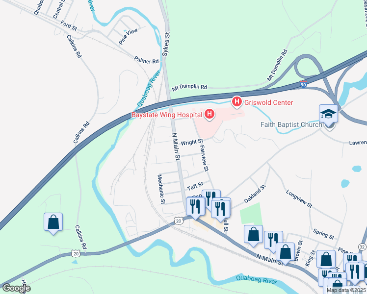 map of restaurants, bars, coffee shops, grocery stores, and more near 17 Wright Street in Palmer