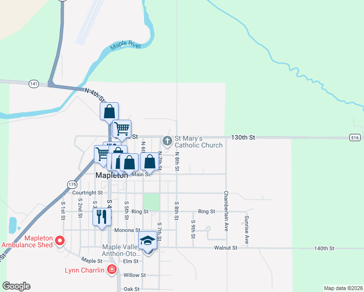 map of restaurants, bars, coffee shops, grocery stores, and more near 200 North 8th Street in Mapleton