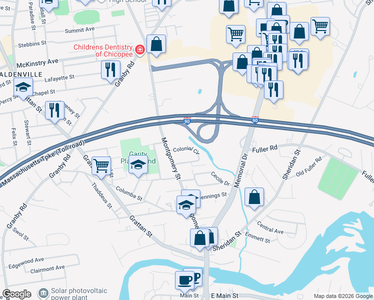 map of restaurants, bars, coffee shops, grocery stores, and more near 100 Colonial Circle in Chicopee