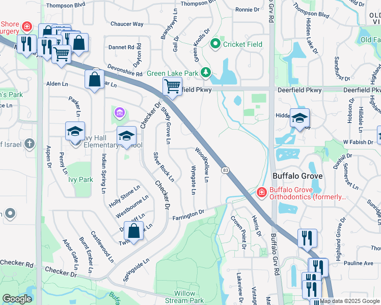 map of restaurants, bars, coffee shops, grocery stores, and more near 770 Wyngate Lane in Buffalo Grove