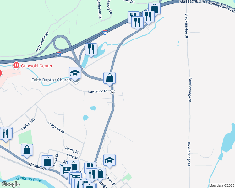 map of restaurants, bars, coffee shops, grocery stores, and more near 2A Forest Hill Drive in Palmer
