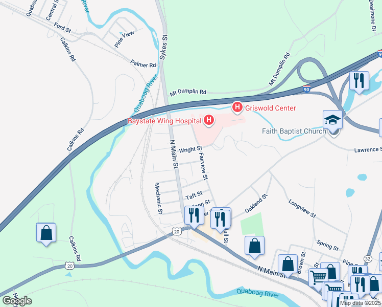 map of restaurants, bars, coffee shops, grocery stores, and more near 17 Wright Street in Palmer