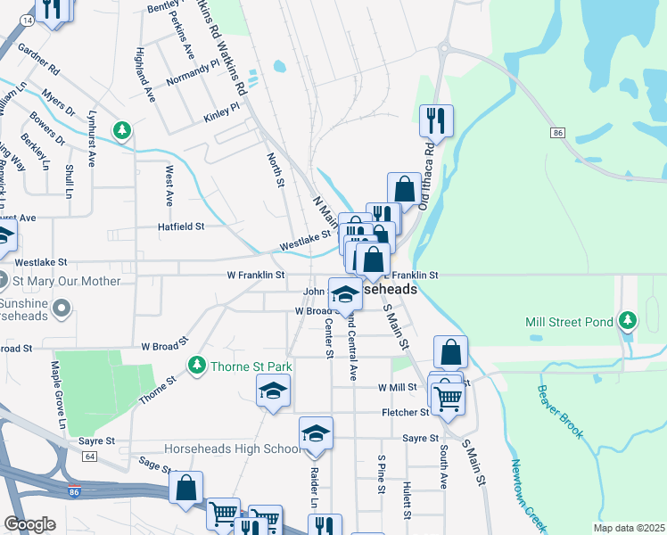 map of restaurants, bars, coffee shops, grocery stores, and more near 208 West Franklin Street in Horseheads