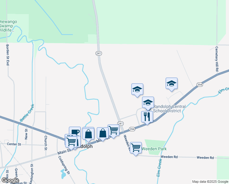 map of restaurants, bars, coffee shops, grocery stores, and more near 24 Conewango Road in Randolph