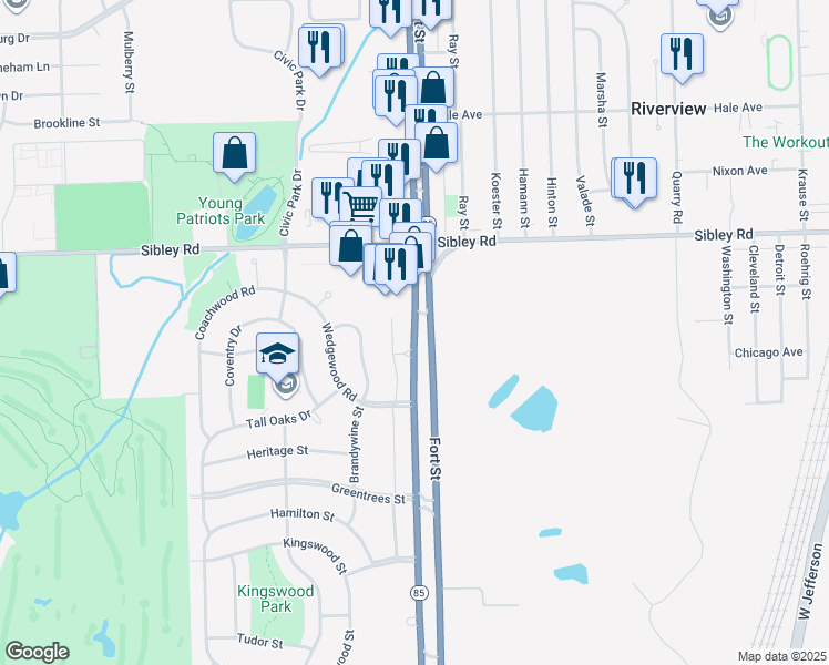 map of restaurants, bars, coffee shops, grocery stores, and more near 19370 Fort Street in Riverview
