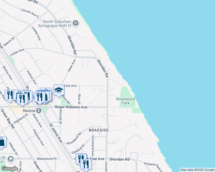 map of restaurants, bars, coffee shops, grocery stores, and more near 839 Sheridan Road in Highland Park