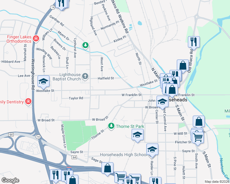 map of restaurants, bars, coffee shops, grocery stores, and more near 541 Westlake Street in Horseheads