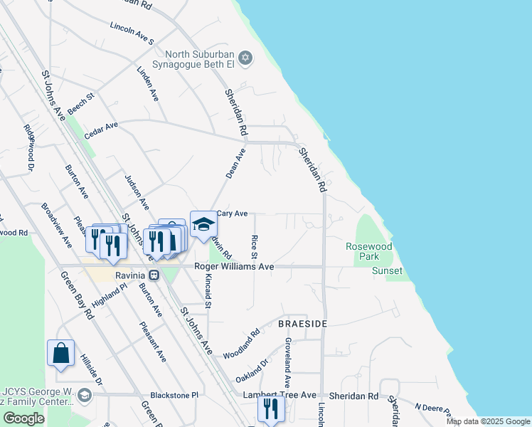 map of restaurants, bars, coffee shops, grocery stores, and more near Cary Avenue in Highland Park