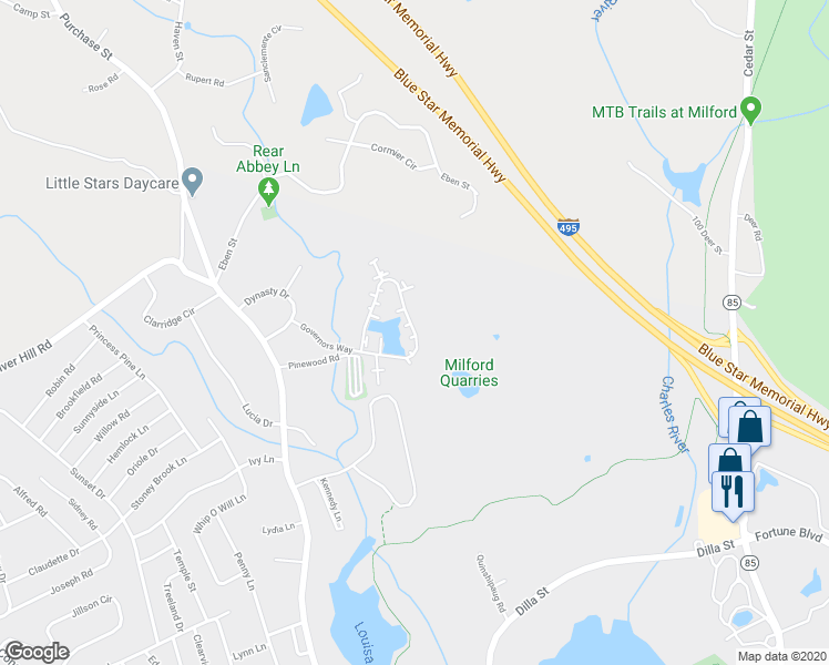 map of restaurants, bars, coffee shops, grocery stores, and more near 19 Governors Way in Milford