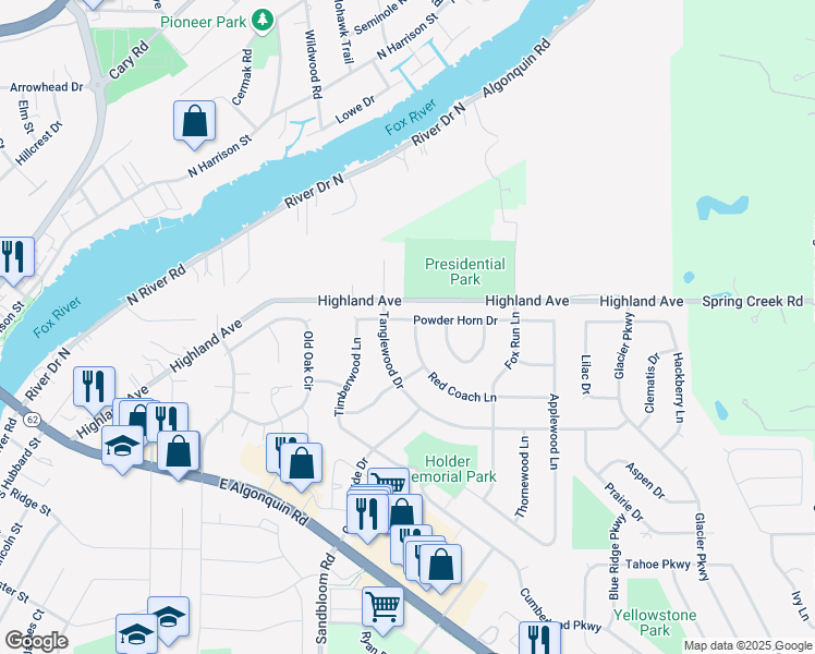 map of restaurants, bars, coffee shops, grocery stores, and more near 605 Red Coach Lane in Algonquin