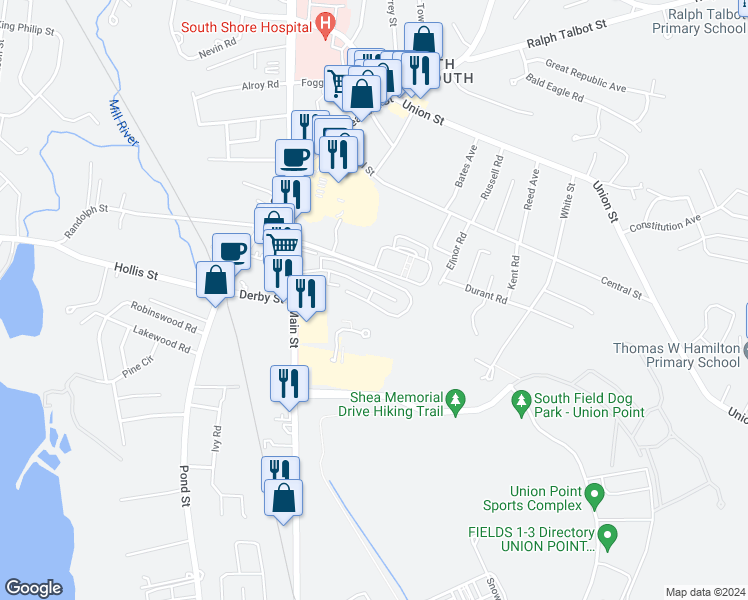 map of restaurants, bars, coffee shops, grocery stores, and more near 115 Fountain Lane in Weymouth