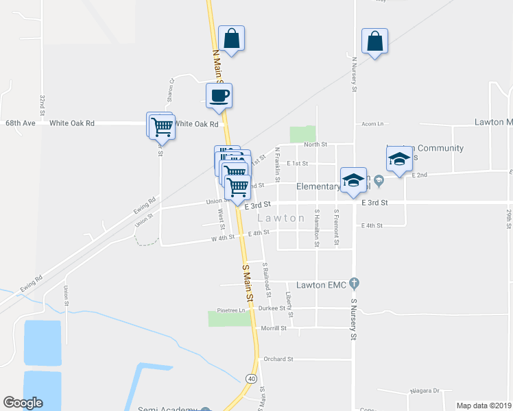 map of restaurants, bars, coffee shops, grocery stores, and more near 113 East 3rd Street in Lawton