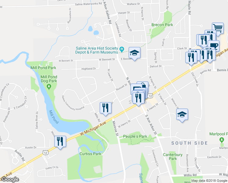 map of restaurants, bars, coffee shops, grocery stores, and more near 201 Russell Street in Saline
