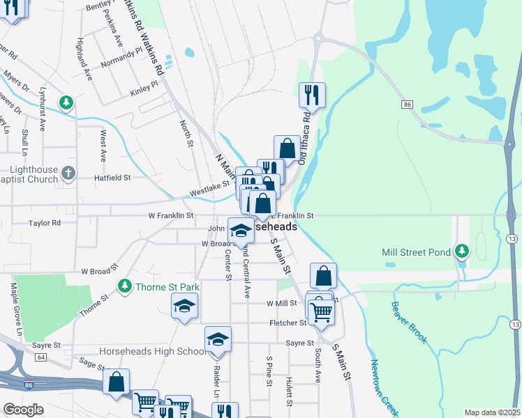 map of restaurants, bars, coffee shops, grocery stores, and more near in Horseheads