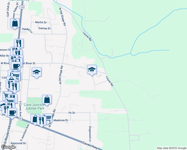 map of restaurants, bars, coffee shops, grocery stores, and more near 625 East River Street in Cave Junction