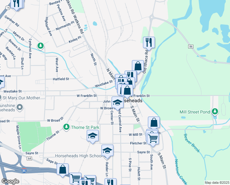 map of restaurants, bars, coffee shops, grocery stores, and more near 208 West Franklin Street in Horseheads