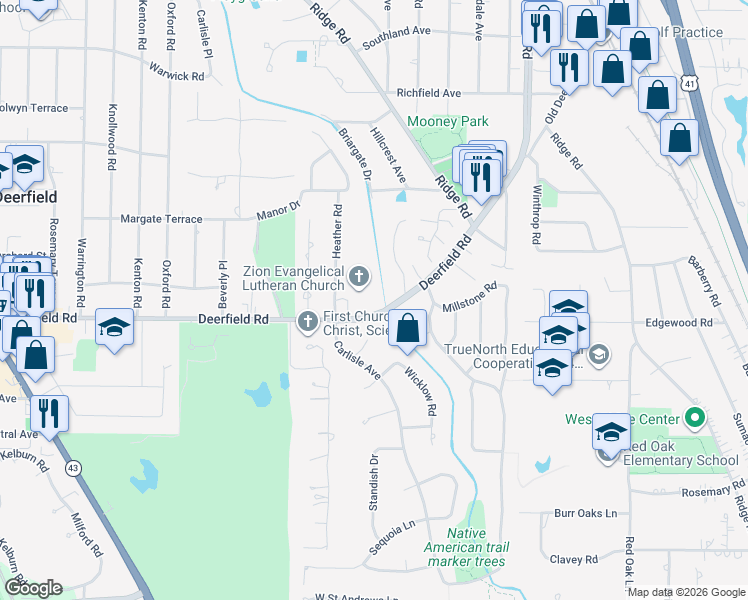 map of restaurants, bars, coffee shops, grocery stores, and more near 18 Deerfield Road in Deerfield