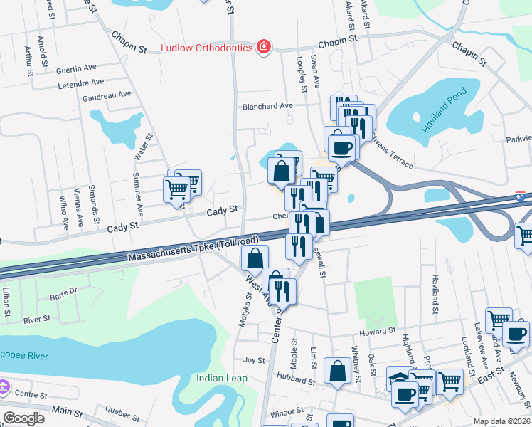 map of restaurants, bars, coffee shops, grocery stores, and more near 37 Cherry Street in Ludlow
