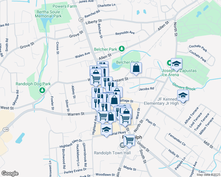 map of restaurants, bars, coffee shops, grocery stores, and more near 307 North Main Street in Randolph