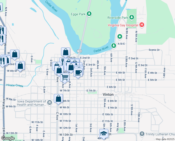 map of restaurants, bars, coffee shops, grocery stores, and more near 4 Th St 3rd Ave in Vinton