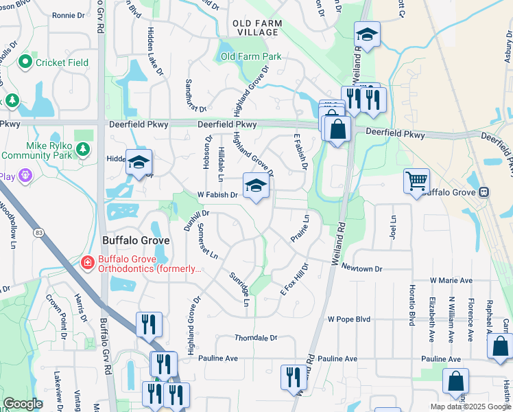map of restaurants, bars, coffee shops, grocery stores, and more near 850 Highland Grove Drive in Buffalo Grove