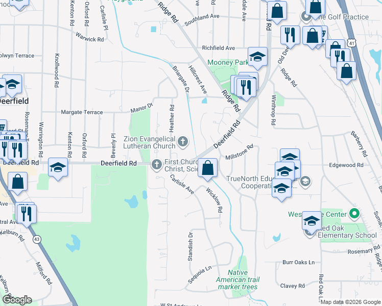 map of restaurants, bars, coffee shops, grocery stores, and more near 18 Deerfield Road in Deerfield