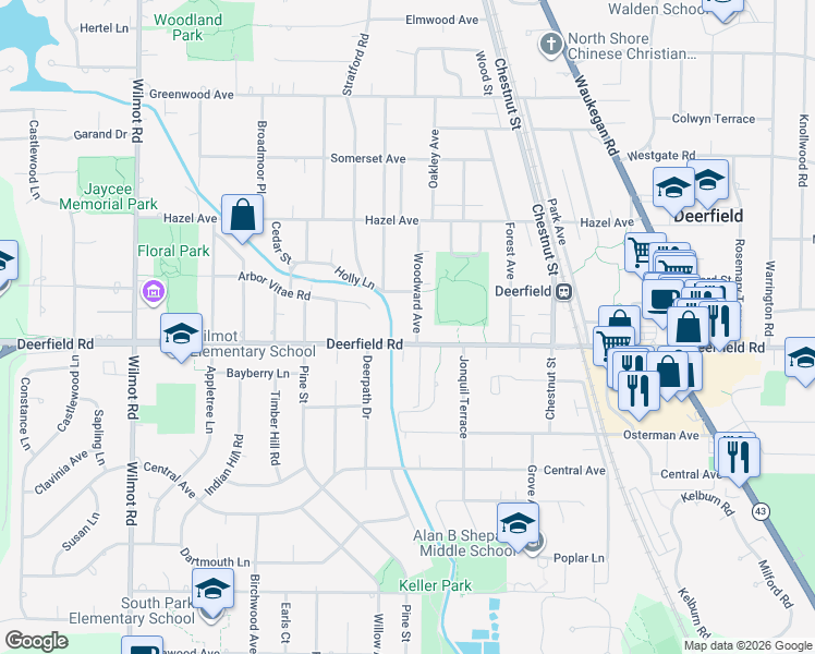 map of restaurants, bars, coffee shops, grocery stores, and more near 820 Woodward Avenue in Deerfield