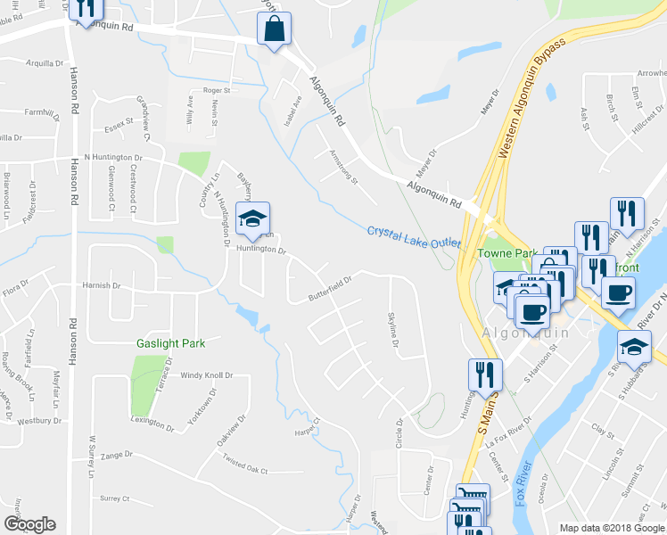 map of restaurants, bars, coffee shops, grocery stores, and more near 645 Clearview Court in Algonquin