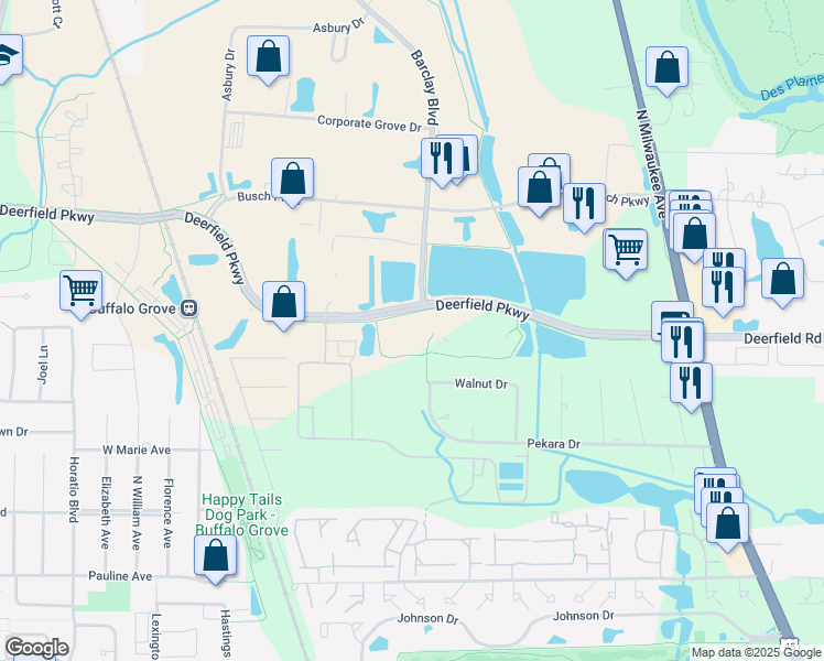 map of restaurants, bars, coffee shops, grocery stores, and more near 1205 Deerfield Parkway in Buffalo Grove