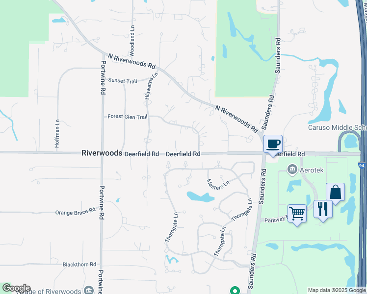 map of restaurants, bars, coffee shops, grocery stores, and more near 2560 Deerfield Road in Riverwoods