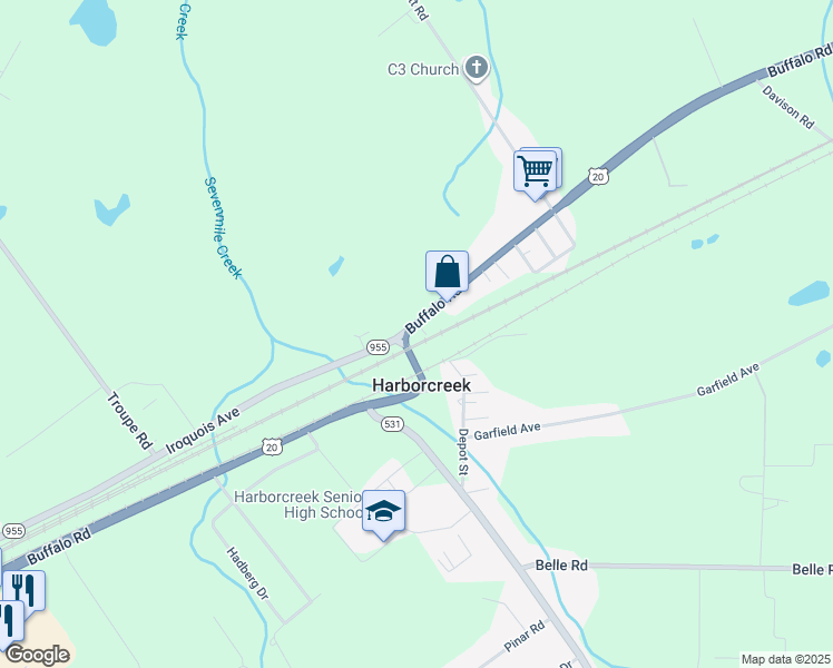 map of restaurants, bars, coffee shops, grocery stores, and more near 6589 U.S. 20 in Harborcreek