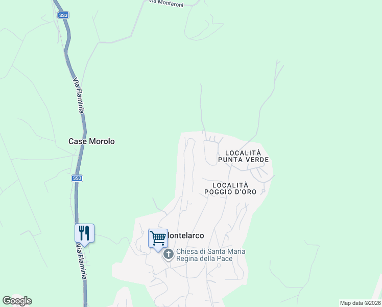 map of restaurants, bars, coffee shops, grocery stores, and more near 72 Via dell'Orsa Maggiore in Montelarco