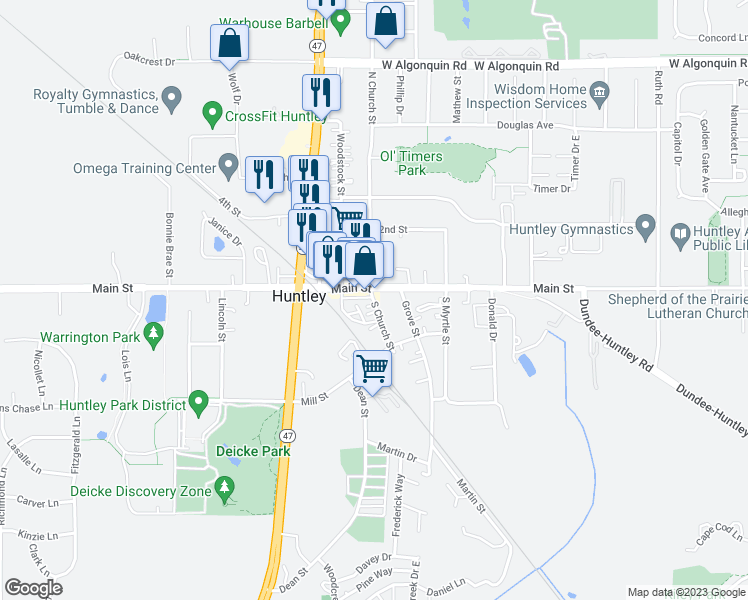 map of restaurants, bars, coffee shops, grocery stores, and more near 11100 South Church Street in Huntley