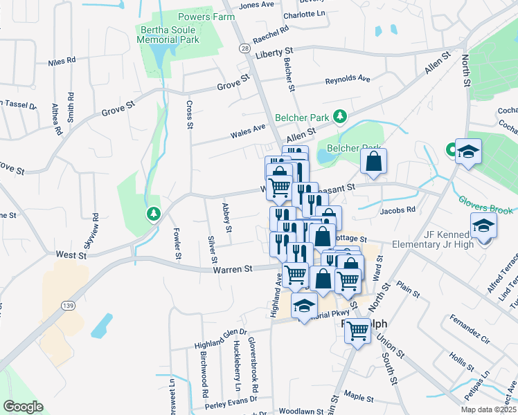 map of restaurants, bars, coffee shops, grocery stores, and more near 22 Corcoran Street in Randolph