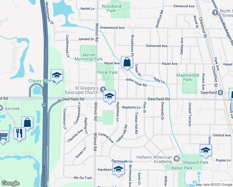 map of restaurants, bars, coffee shops, grocery stores, and more near 816 Appletree Lane in Deerfield
