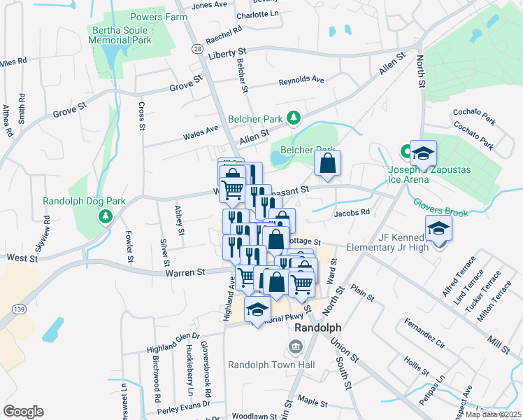 map of restaurants, bars, coffee shops, grocery stores, and more near 307 North Main Street in Randolph