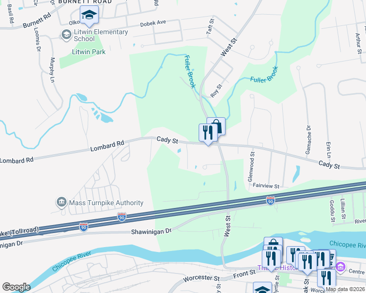 map of restaurants, bars, coffee shops, grocery stores, and more near 12 Mariana Lane in Ludlow