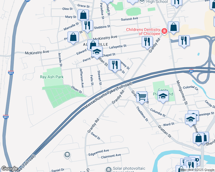 map of restaurants, bars, coffee shops, grocery stores, and more near 68 Cote Avenue in Chicopee