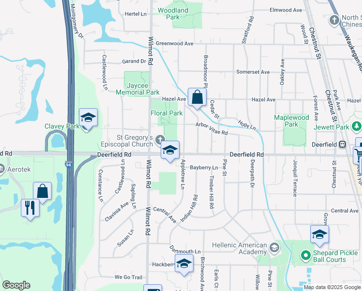 map of restaurants, bars, coffee shops, grocery stores, and more near 816 Appletree Lane in Deerfield