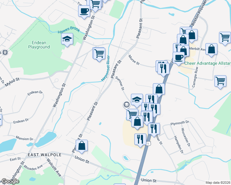 map of restaurants, bars, coffee shops, grocery stores, and more near 916 Pleasant Street in Norwood